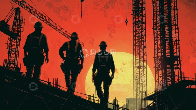 高清大图下载【趣麦麦图】建筑工人日落剪影
