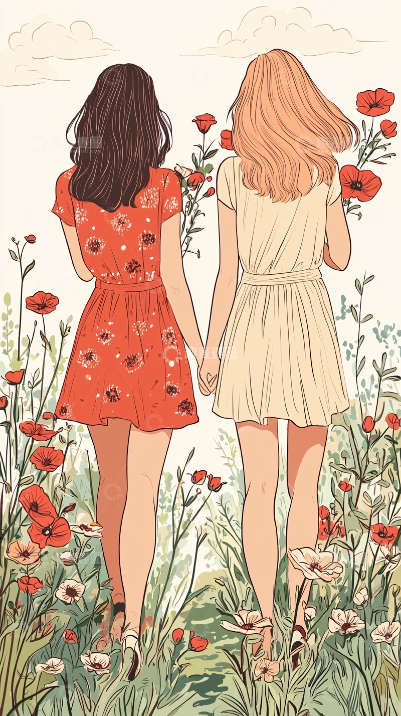 高清大图下载【趣麦麦图】手牵手漫步花田