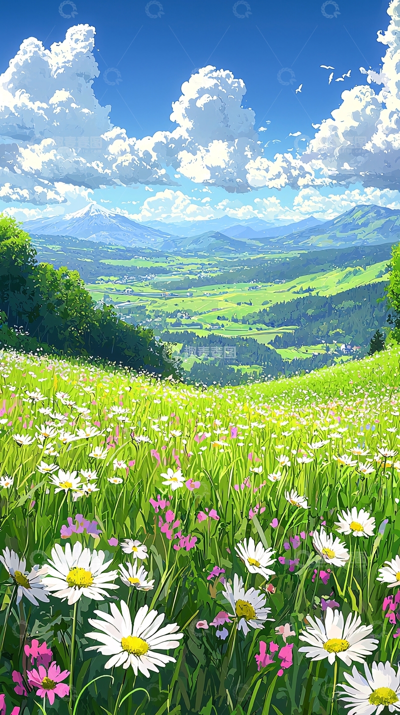 高清大图下载【趣麦麦图】雏菊花海山峦美景