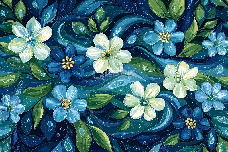 高清大图下载【趣麦麦图】蓝色花卉水彩画