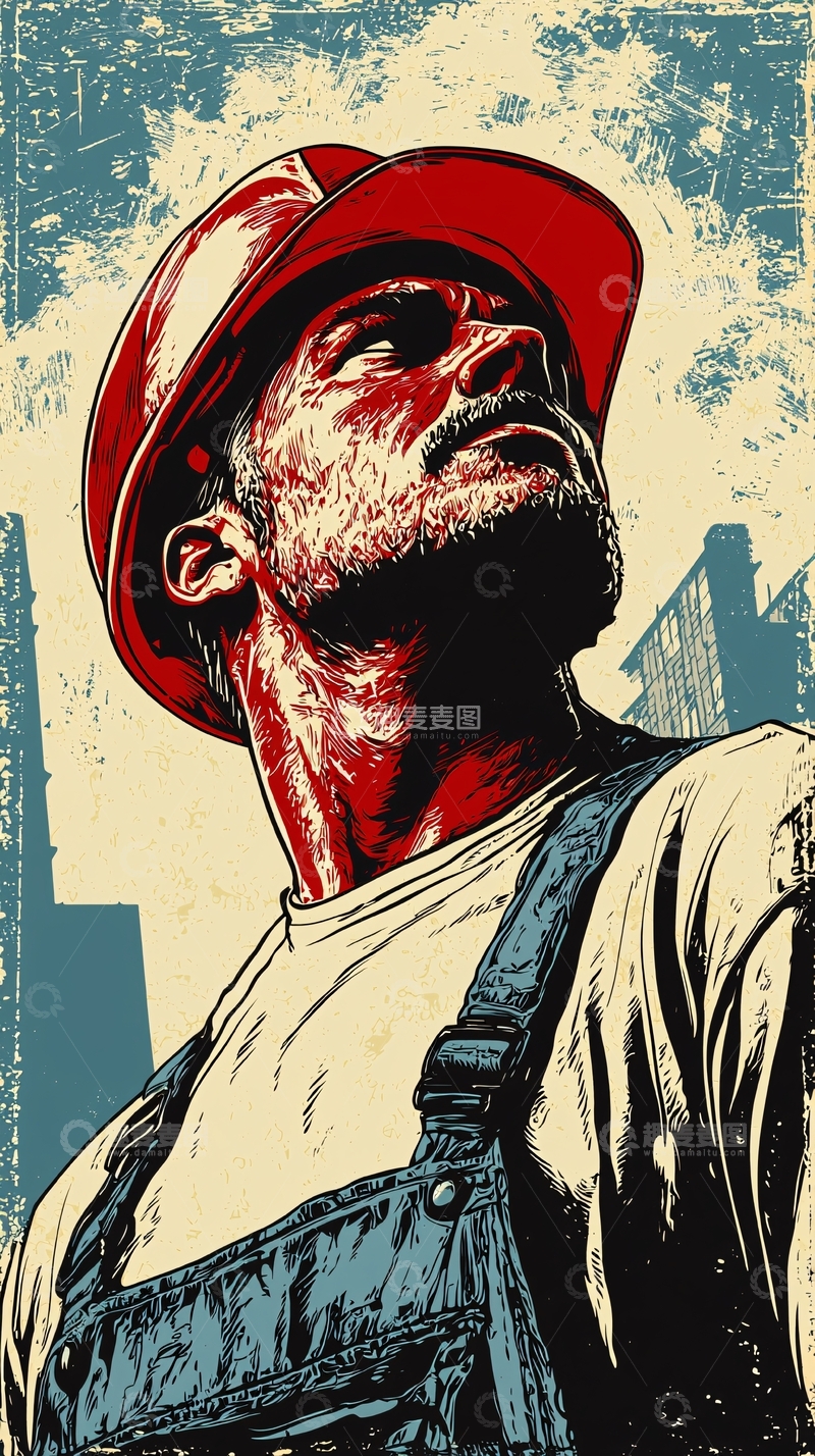 高清大图下载【趣麦麦图】红色安全帽工人肖像