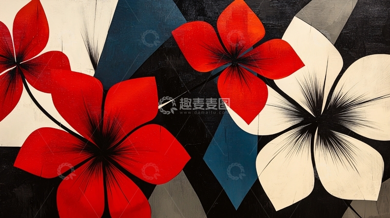 高清大图下载【趣麦麦图】红黑白花卉抽象画