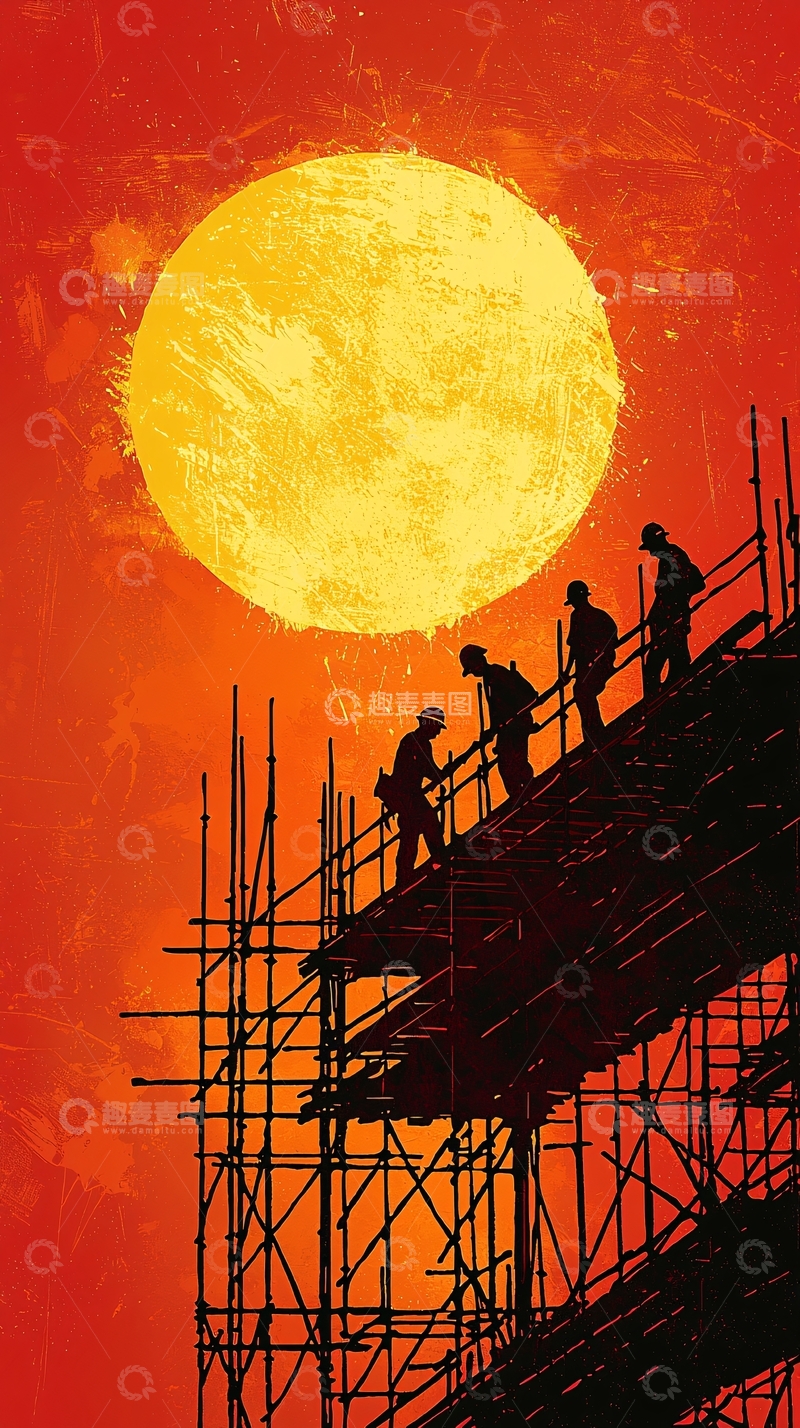 高清大图下载【趣麦麦图】红色背景下工地剪影