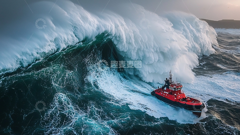 高清大图下载【趣麦麦图】巨浪中的红色拖船