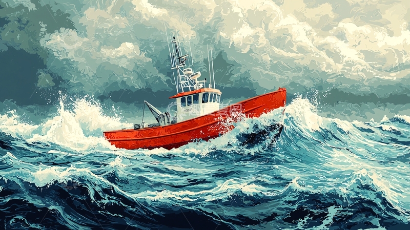 高清大图下载【趣麦麦图】暴风雨中航行的红色小船