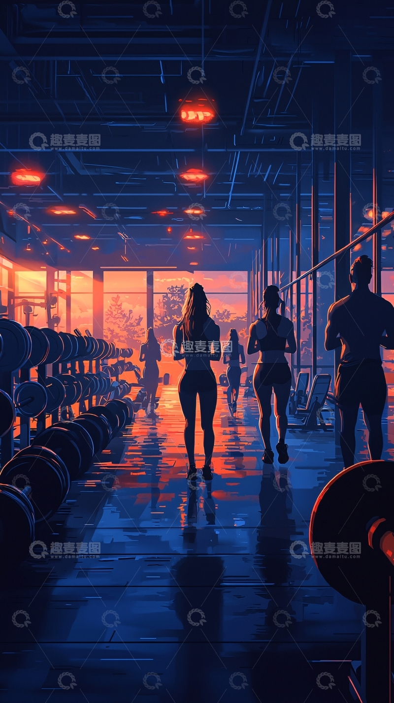 高清大图下载【趣麦麦图】健身房日落剪影