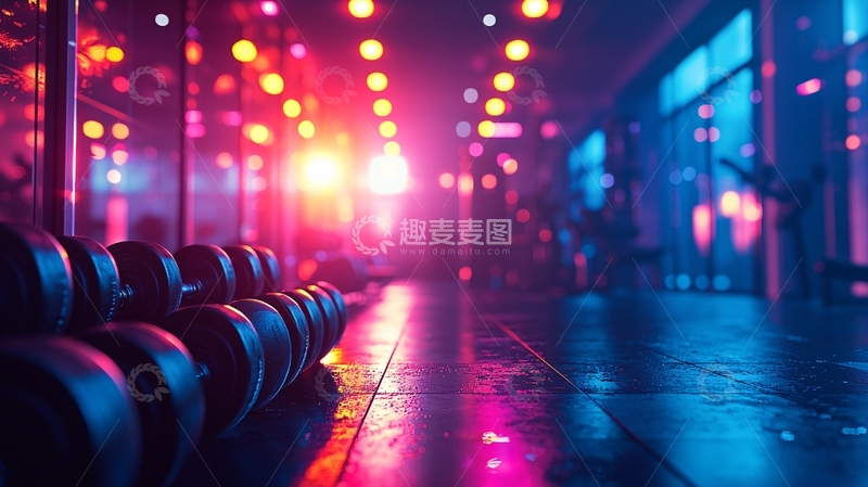 高清大图下载【趣麦麦图】炫彩灯光下的健身房哑铃