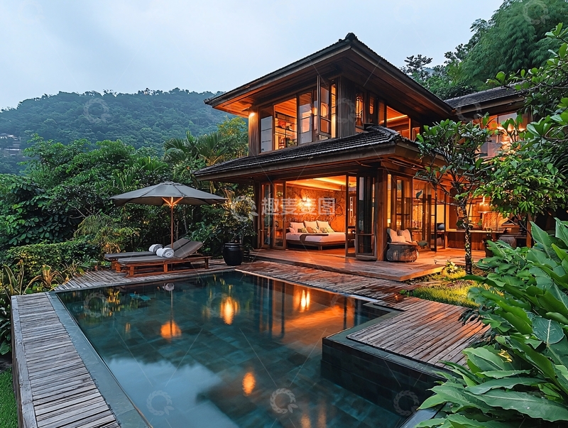 高清大图下载【趣麦麦图】山林别墅泳池夜景