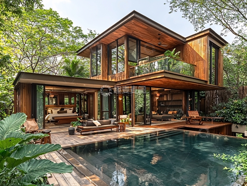 高清大图下载【趣麦麦图】森林环绕的现代木质别墅