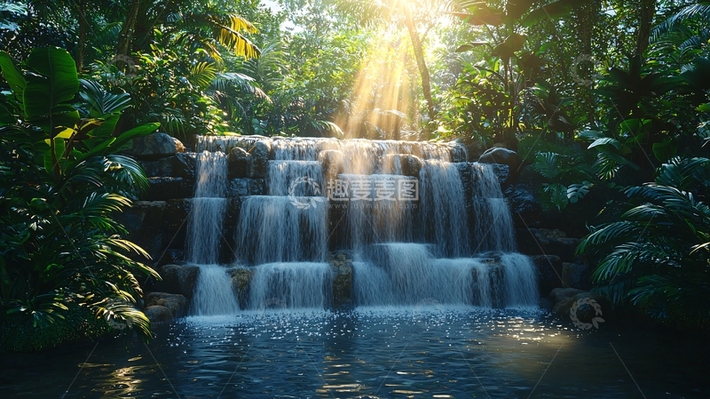 高清大图下载【趣麦麦图】阳光穿过树林瀑布