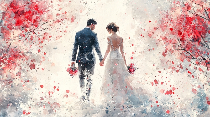 高清大图下载【趣麦麦图】红衣新娘携手新郎漫步