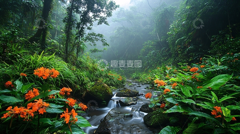 高清大图下载【趣麦麦图】雾气弥漫的热带雨林溪流