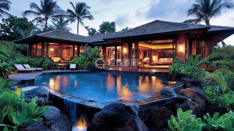 高清大图下载【趣麦麦图】热带风格别墅泳池夜景