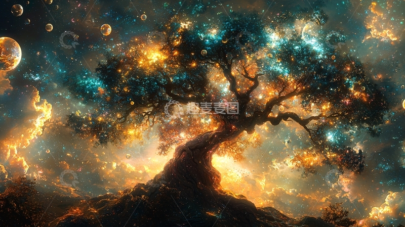 高清大图下载【趣麦麦图】宇宙星空下的生命之树