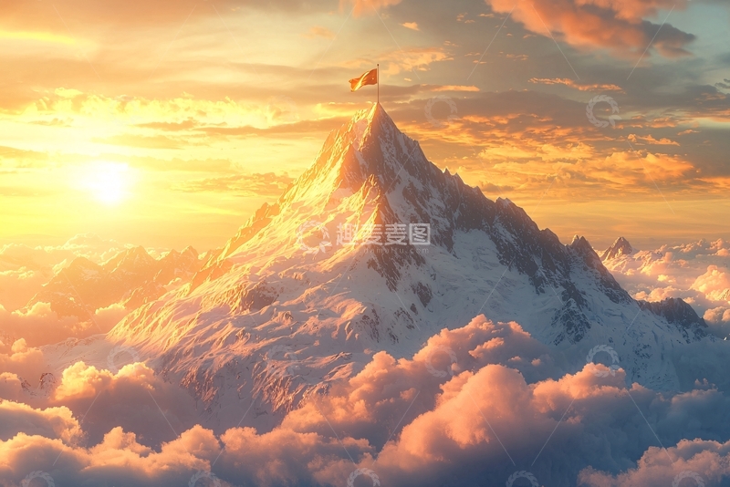 高清大图下载【趣麦麦图】日出雪山峰顶旗帜