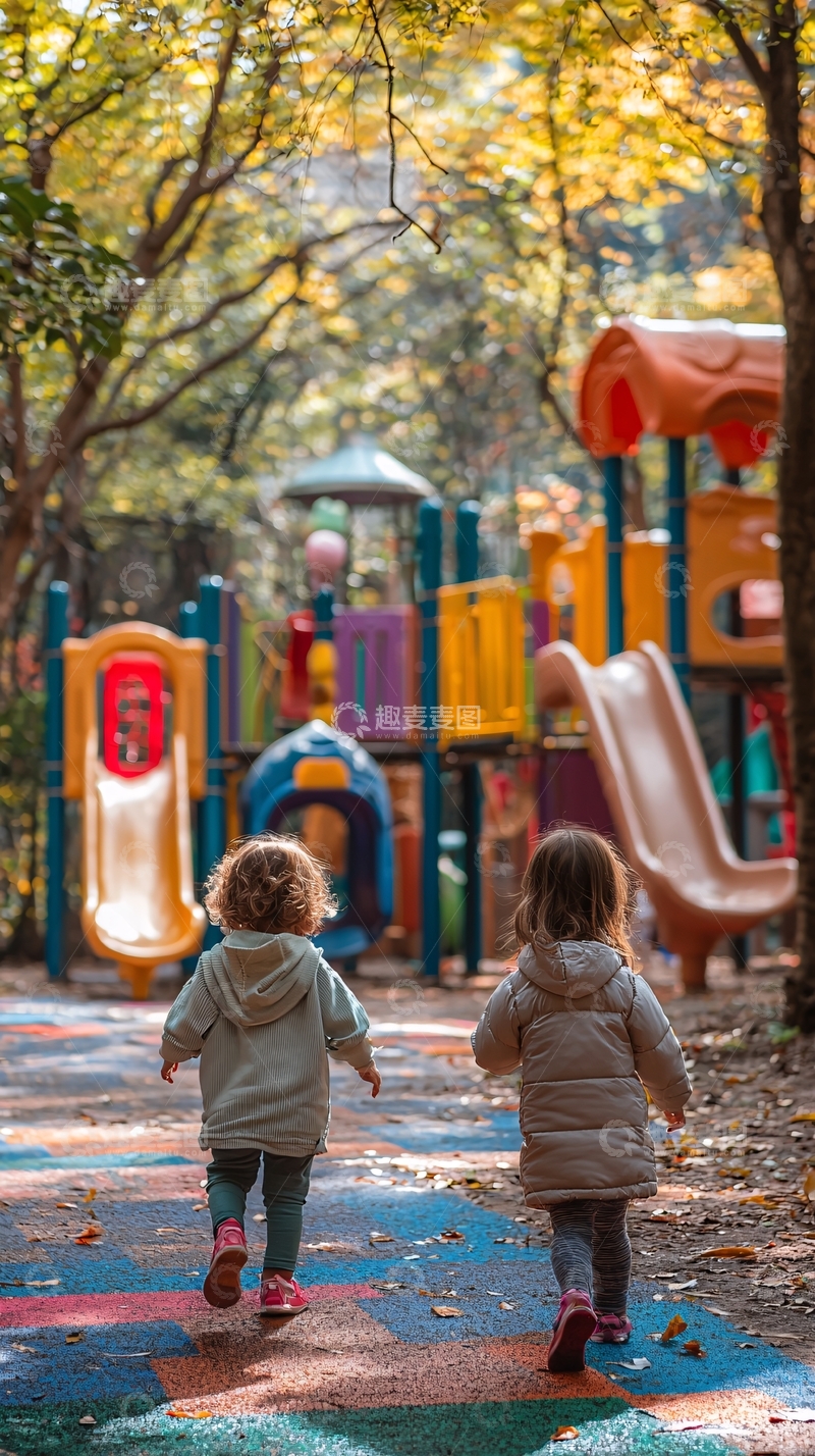 高清大图下载【趣麦麦图】秋日公园里奔跑的两个女孩