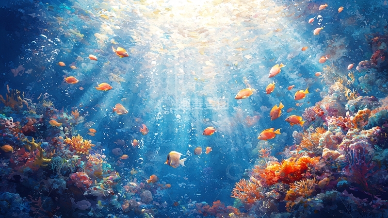 高清大图下载【趣麦麦图】海底珊瑚鱼群阳光