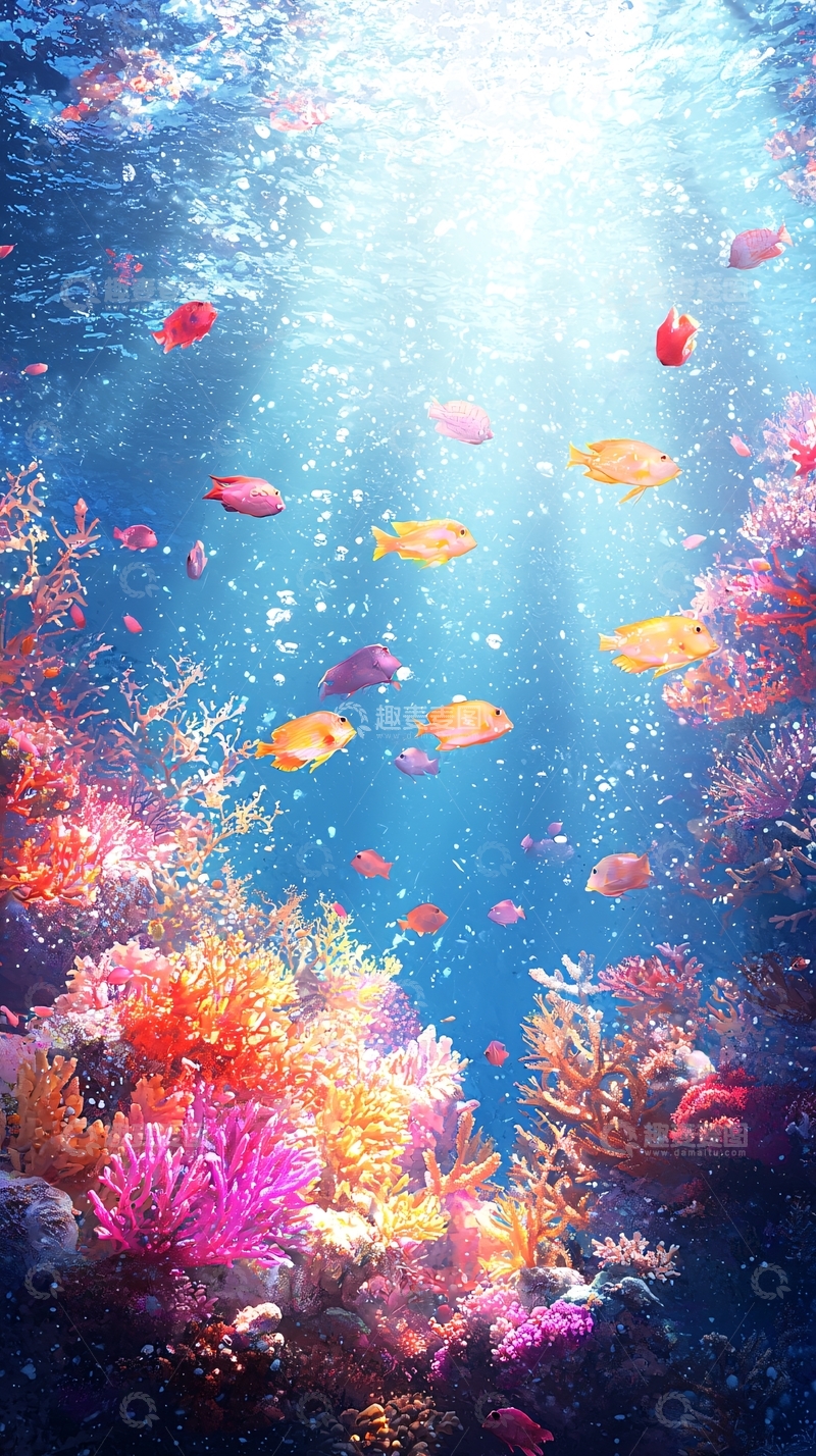 高清大图下载【趣麦麦图】阳光透过海水照射珊瑚礁