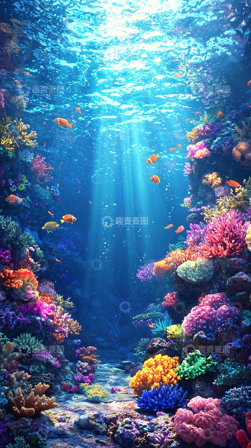 高清大图下载【趣麦麦图】阳光透过海水照射珊瑚礁