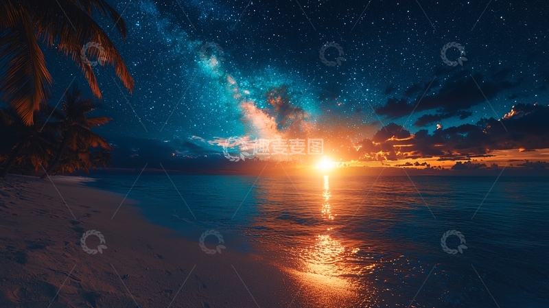 高清大图下载【趣麦麦图】星空下的海滩日落