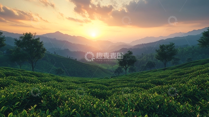 高清大图下载【趣麦麦图】日落茶园山峦景色