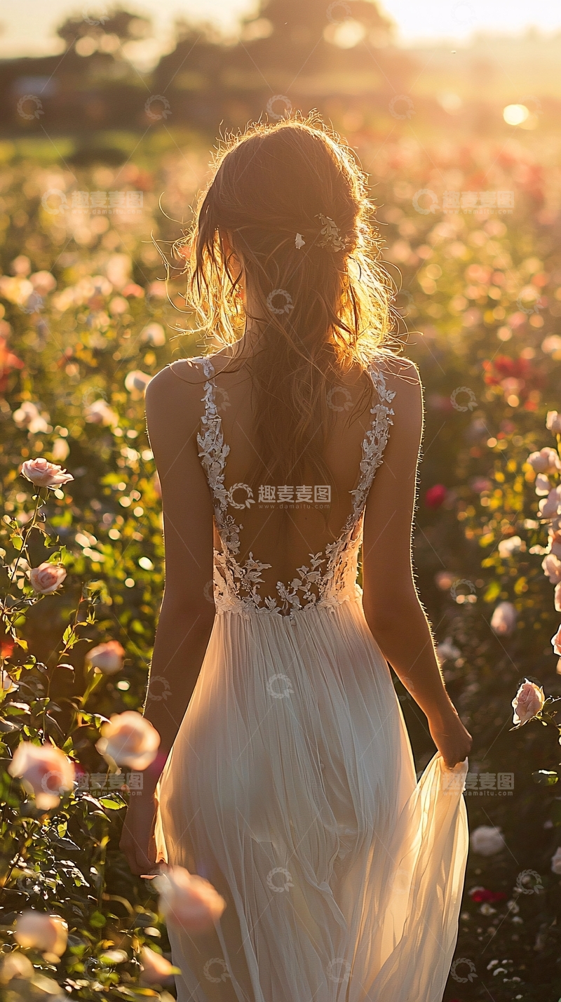 高清大图下载【趣麦麦图】夕阳下玫瑰花田中的女人