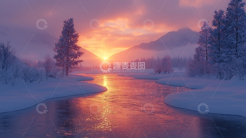 高清大图下载【趣麦麦图】冬日雪景河流日落