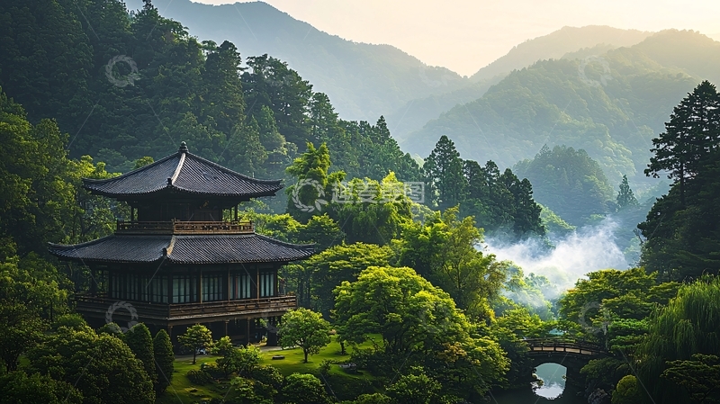 高清大图下载【趣麦麦图】东方寺庙坐落在山林之间