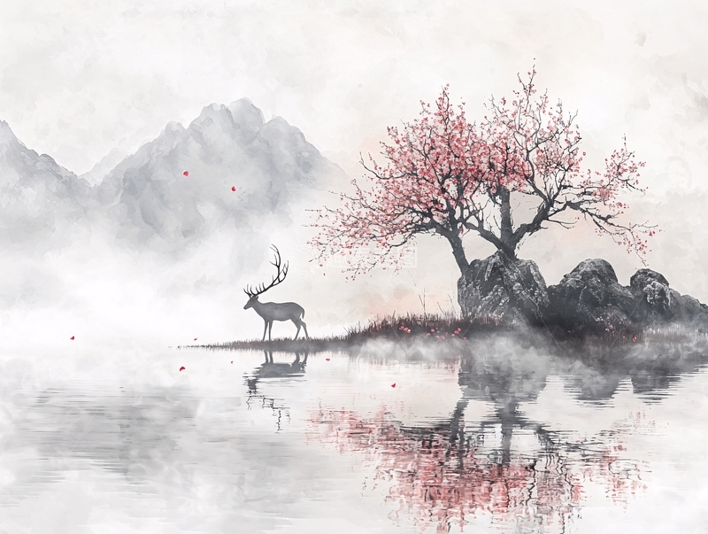 高清大图下载【趣麦麦图】-水墨风桃花鹿