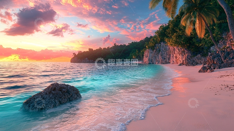 高清大图下载【趣麦麦图】热带海滩落日余晖