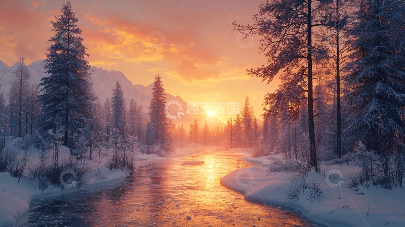 高清大图下载【趣麦麦图】冬日雪景夕阳下的河流