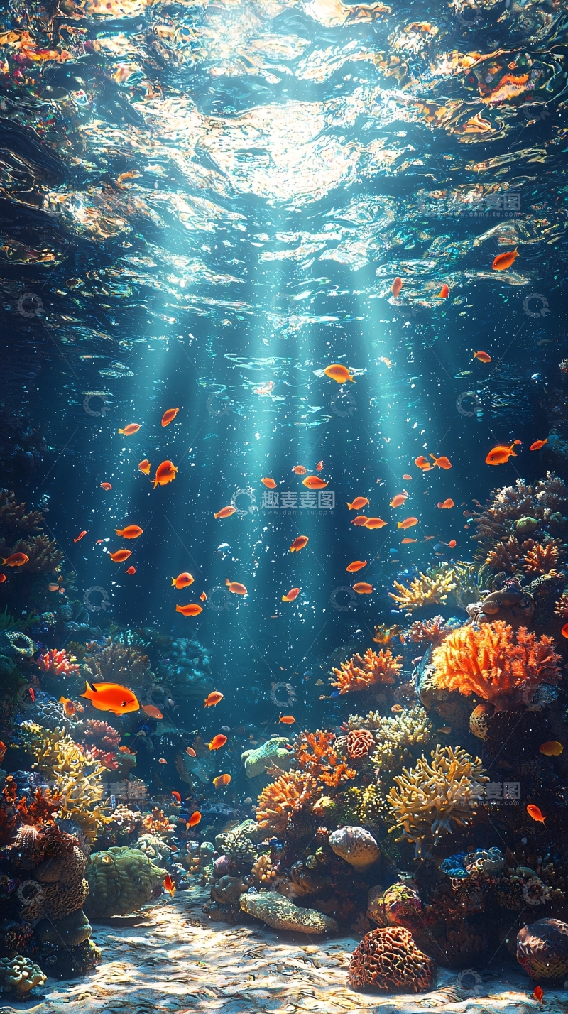 高清大图下载【趣麦麦图】阳光透过海水照射珊瑚礁