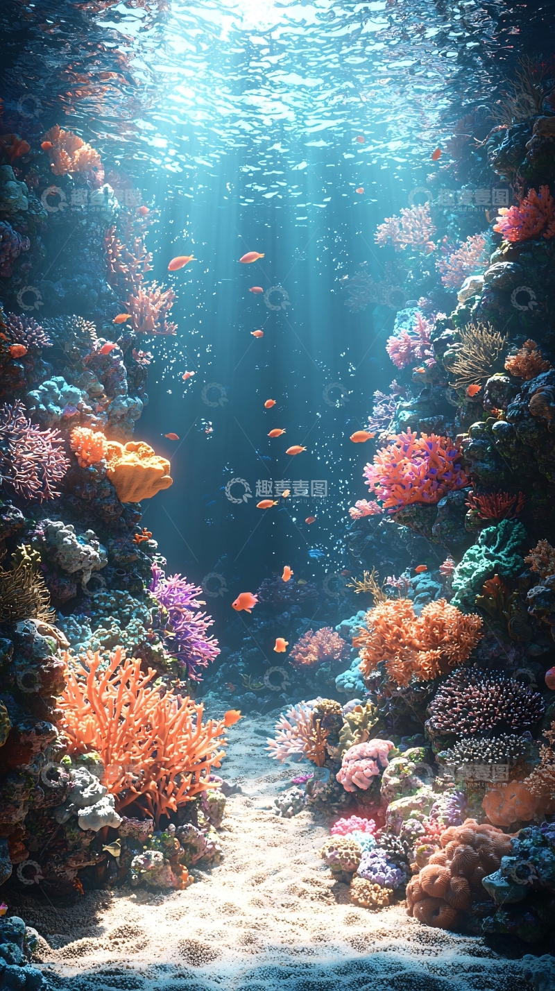高清大图下载【趣麦麦图】阳光透过海水照射珊瑚礁