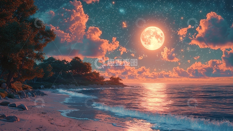 高清大图下载【趣麦麦图】梦幻海滩夜景