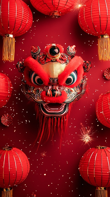 红灯笼环绕的舞狮头