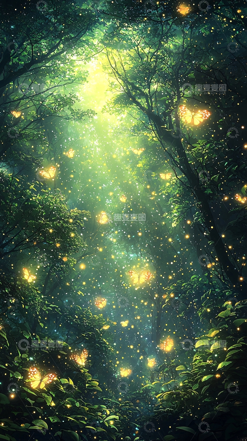 高清大图下载【趣麦麦图】梦幻森林萤火虫蝴蝶