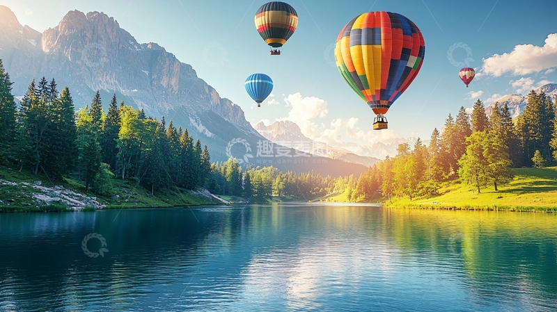 高清大图下载【趣麦麦图】热气球山脉湖泊风景