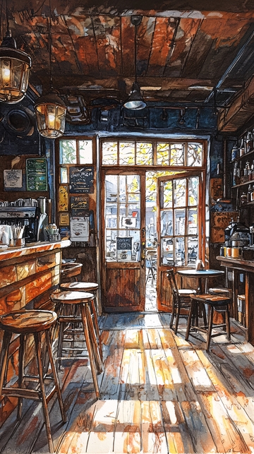 阳光洒进老式咖啡馆