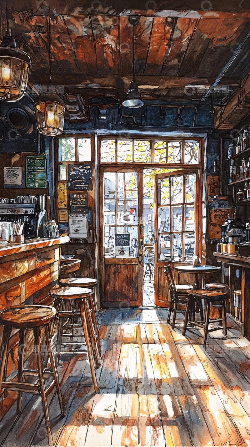 高清大图下载【趣麦麦图】阳光洒进老式咖啡馆