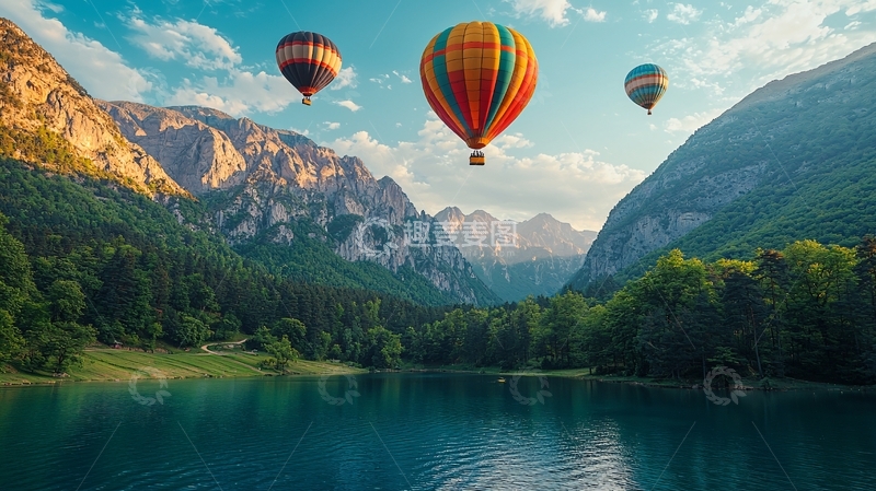 高清大图下载【趣麦麦图】热气球飞跃山谷湖泊