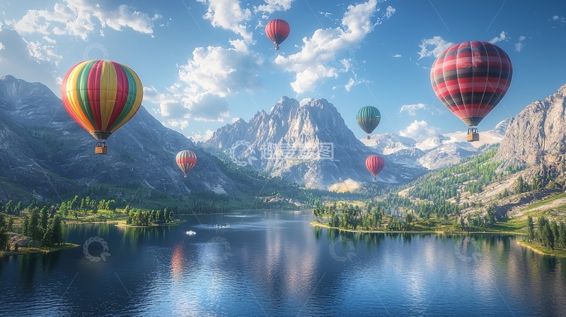 高清大图下载【趣麦麦图】热气球飞跃山峦湖泊