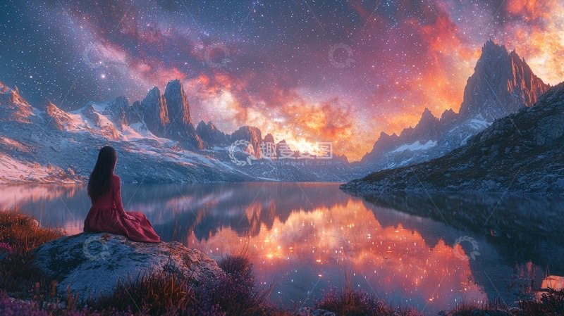 高清大图下载【趣麦麦图】山峰湖泊星空少女