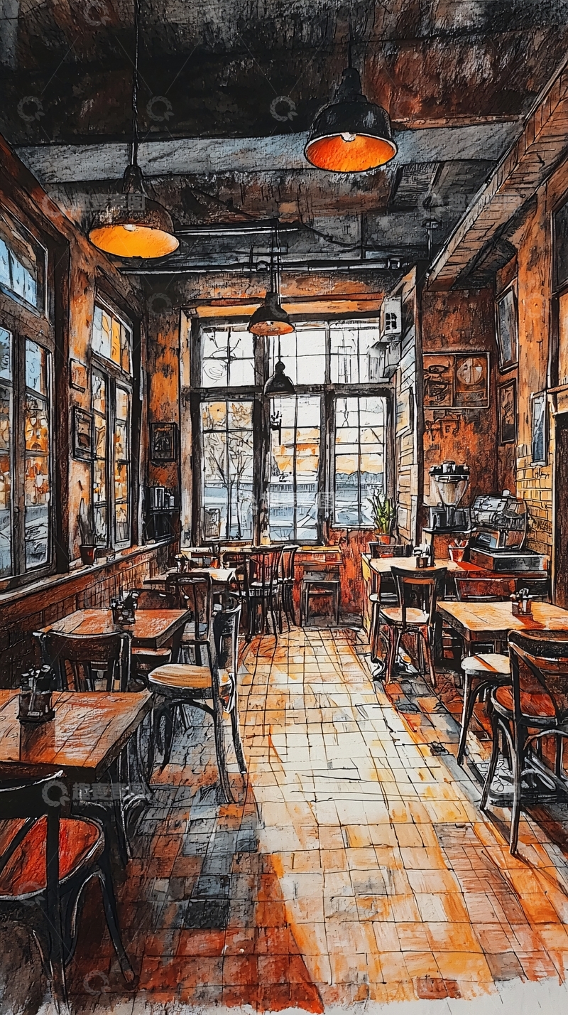 高清大图下载【趣麦麦图】复古咖啡馆室内手绘图