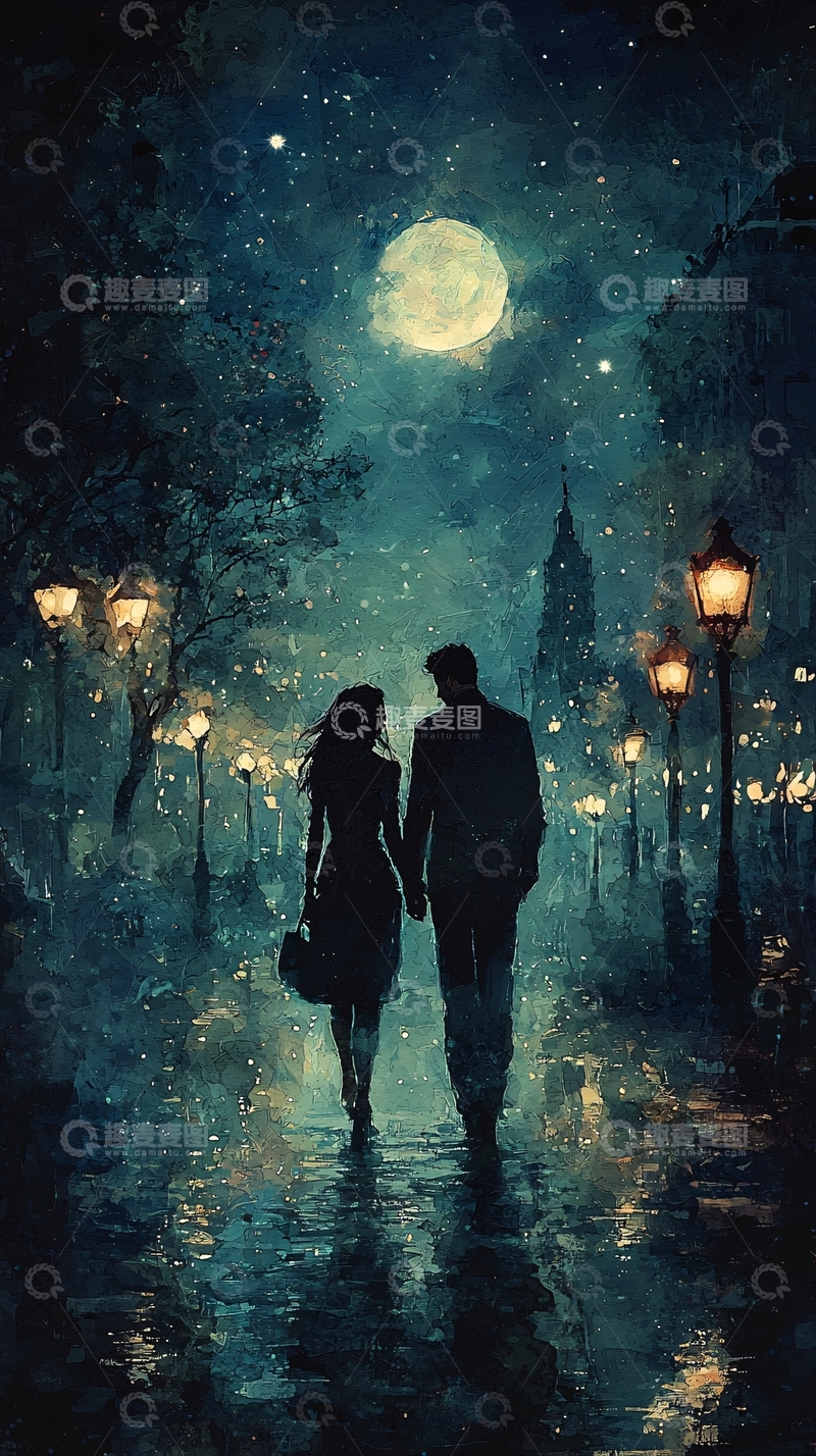 高清大图下载【趣麦麦图】月光下牵手漫步