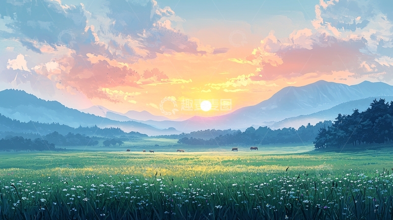 高清大图下载【趣麦麦图】日出山峦田园牧歌