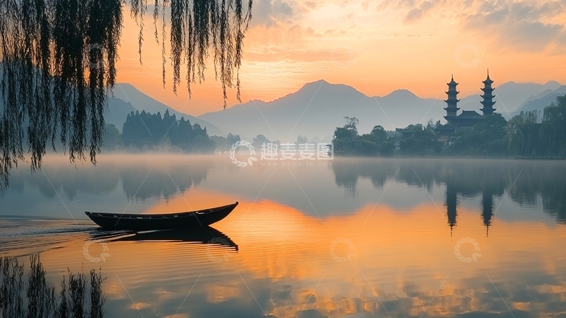 高清大图下载【趣麦麦图】水面平静的日出景色