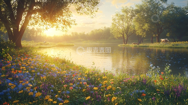高清大图下载【趣麦麦图】湖边鲜花盛开的唯美场景