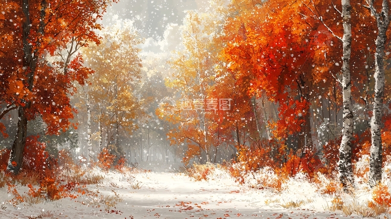 高清大图下载【趣麦麦图】红叶森林雪景