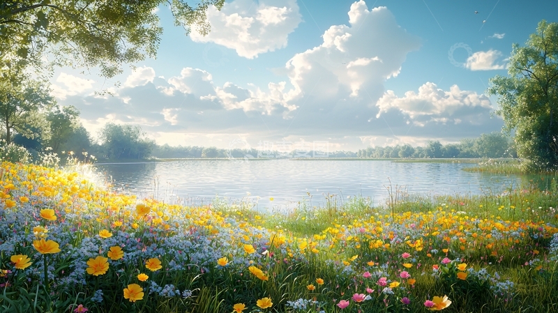 高清大图下载【趣麦麦图】阳光明媚的湖边野花