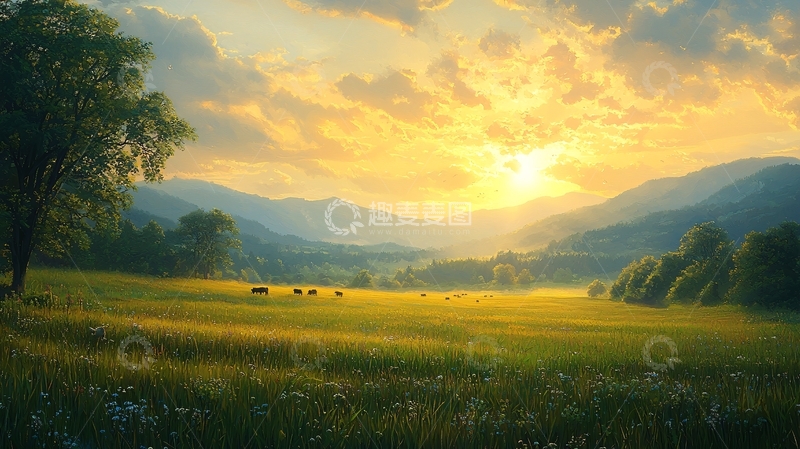 高清大图下载【趣麦麦图】金色的田野和山脉日落